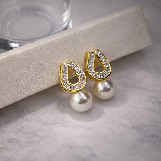 Gold Plated Teardrop Crystal Earrings with Pearl Drop and S925 Sterling Silver Post