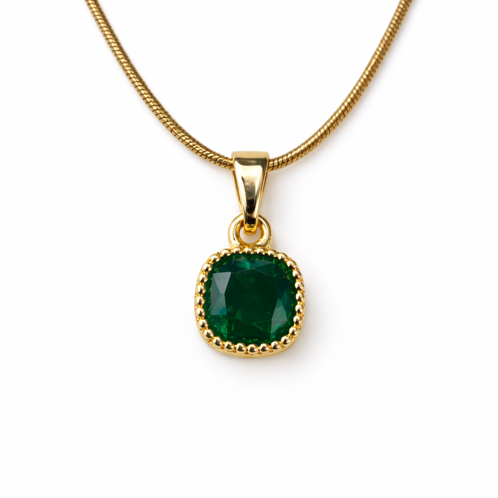 Emerald Glow Cushion Pendant Necklace