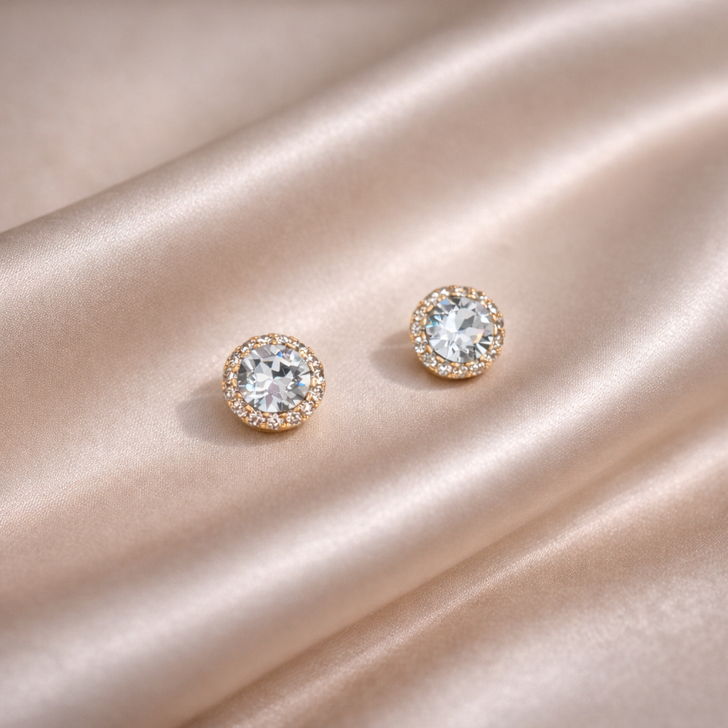 Classic Halo Crystal Stud Earrings in Gold Finish