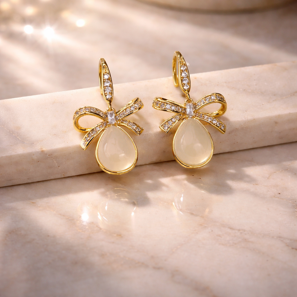 Ivory Bow Drop Crystal Earrings with S925 Silver Post