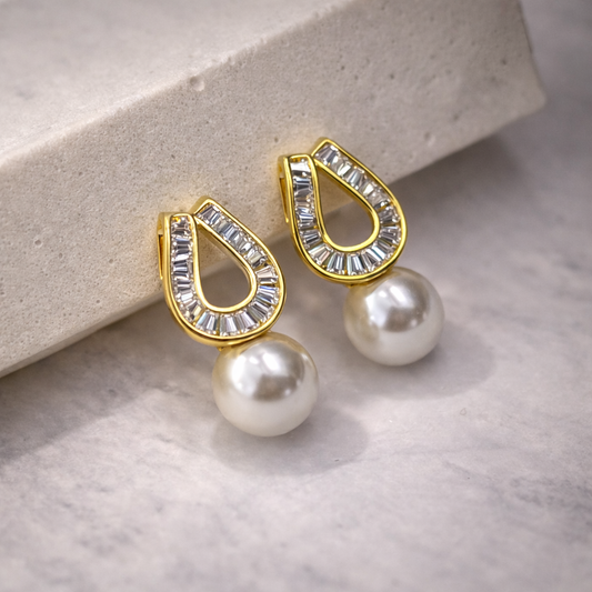Gold Plated Teardrop Crystal Earrings with Pearl Drop and S925 Sterling Silver Post