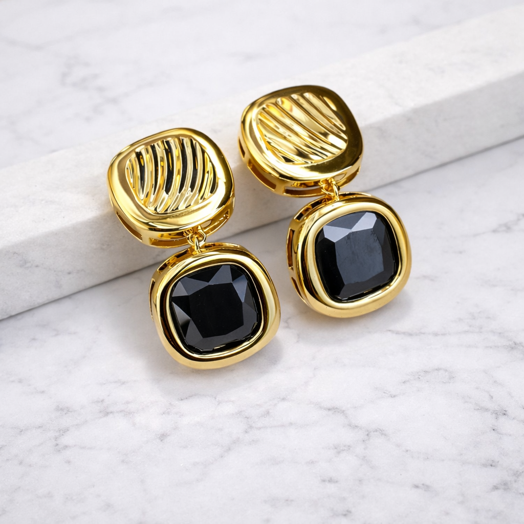 Sculpted Black Stone Drop Earrings with S925 Silver Post