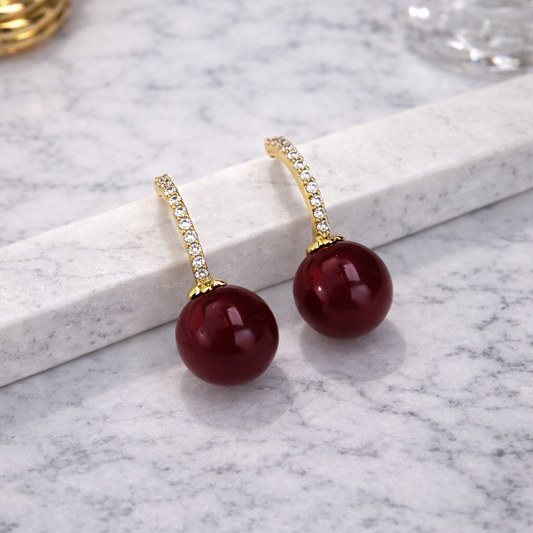 Cherry Drop Earrings with Crystal Curve & S925 Silver Post