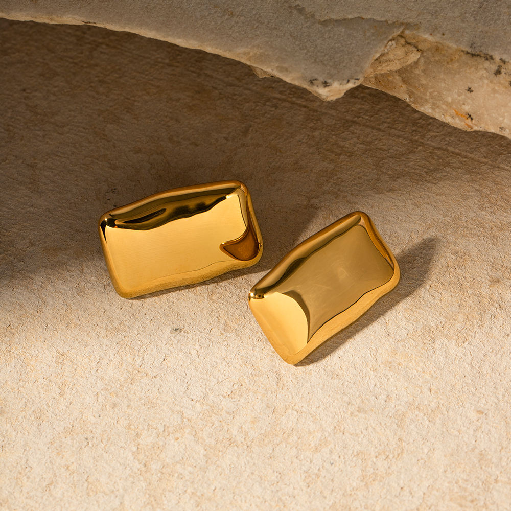 Gilded Block Studs – 18K Gold Tone Statement Earrings
