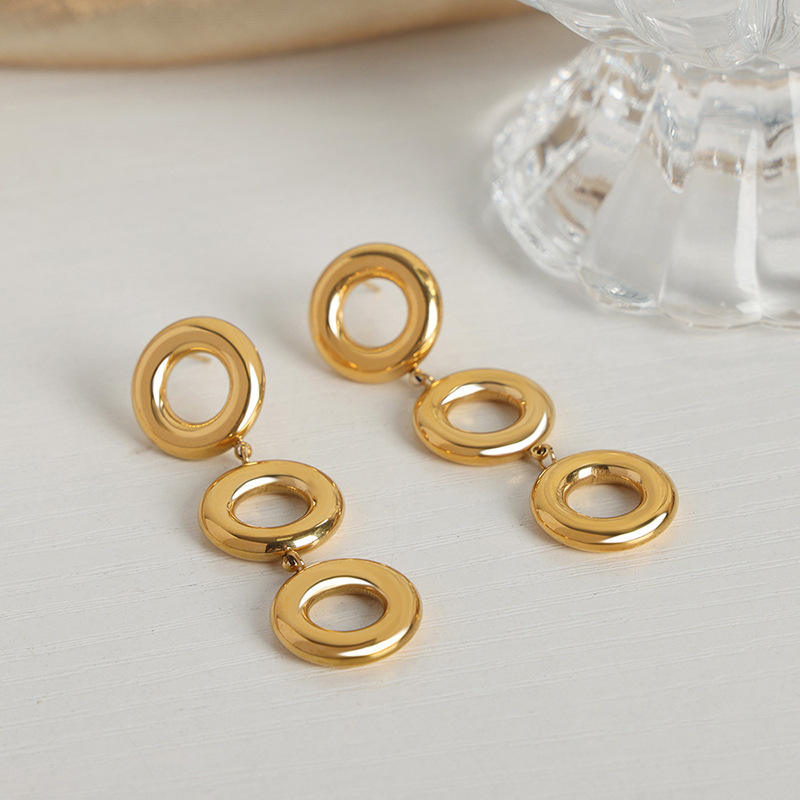 Triple Halo Drop Earrings – 18K Gold Tone