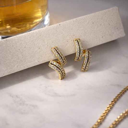 Gold Plated Curved Crystal Stud Earrings with S925 Sterling Silver Post