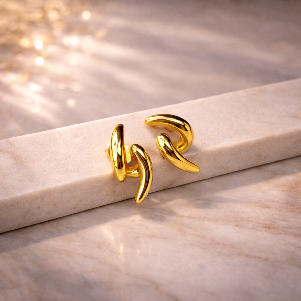 Sculpted Gold Curve Stud Earrings with S925 Sterling Silver Post