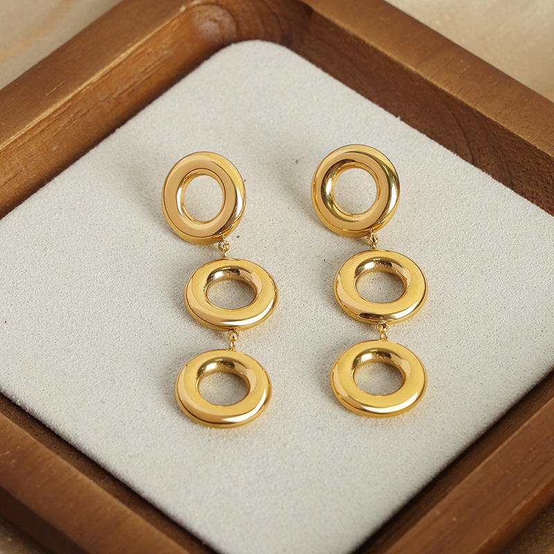 Triple Halo Drop Earrings – 18K Gold Tone