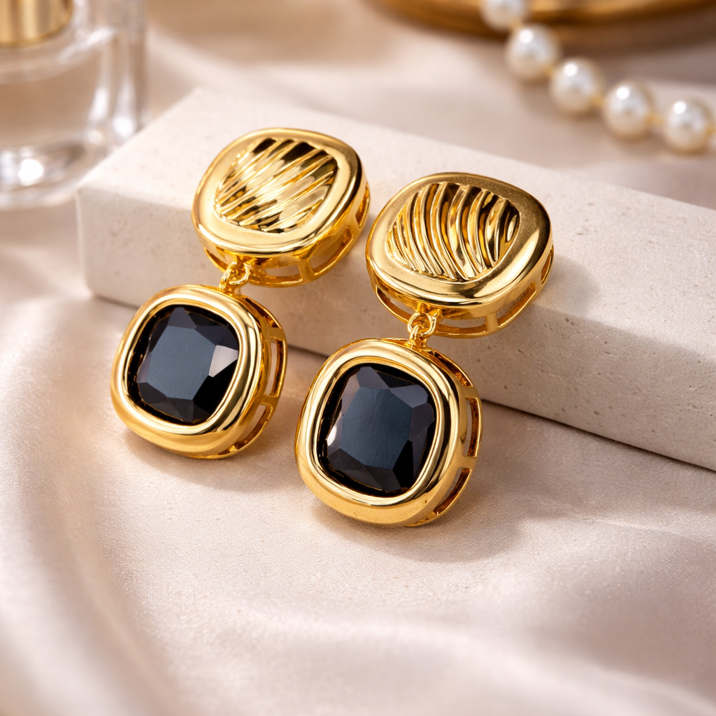 Sculpted Black Stone Drop Earrings with S925 Silver Post