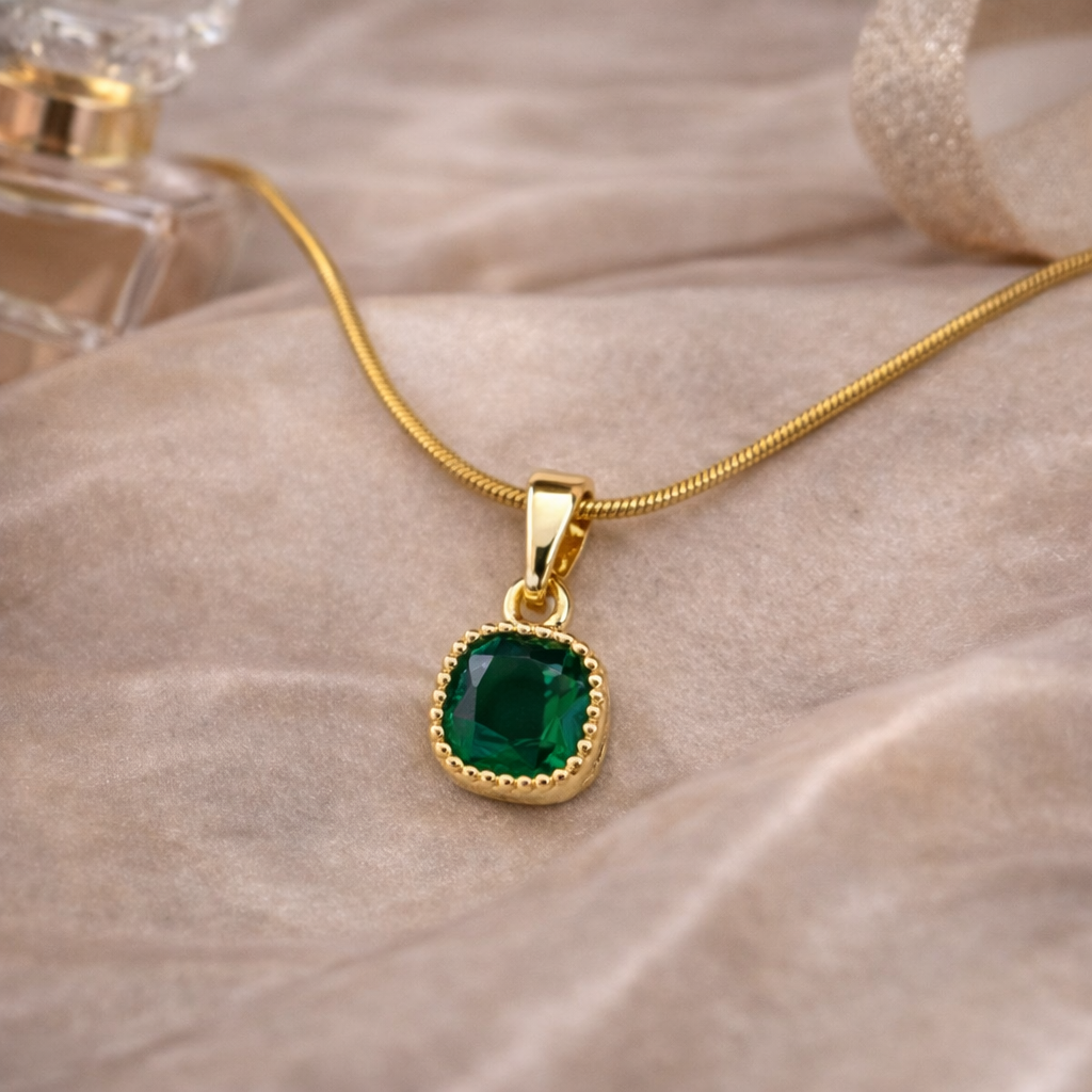 Emerald Glow Cushion Pendant Necklace