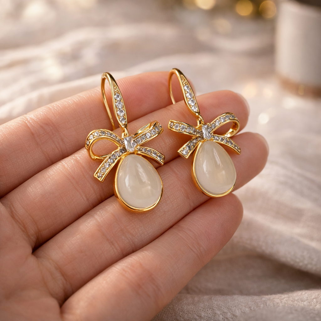 Ivory Bow Drop Crystal Earrings with S925 Silver Post