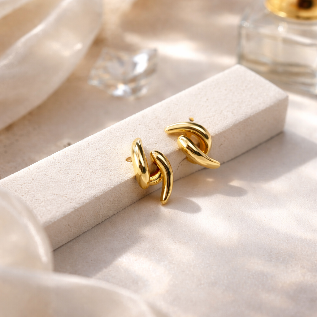 Sculpted Gold Curve Stud Earrings with S925 Sterling Silver Post