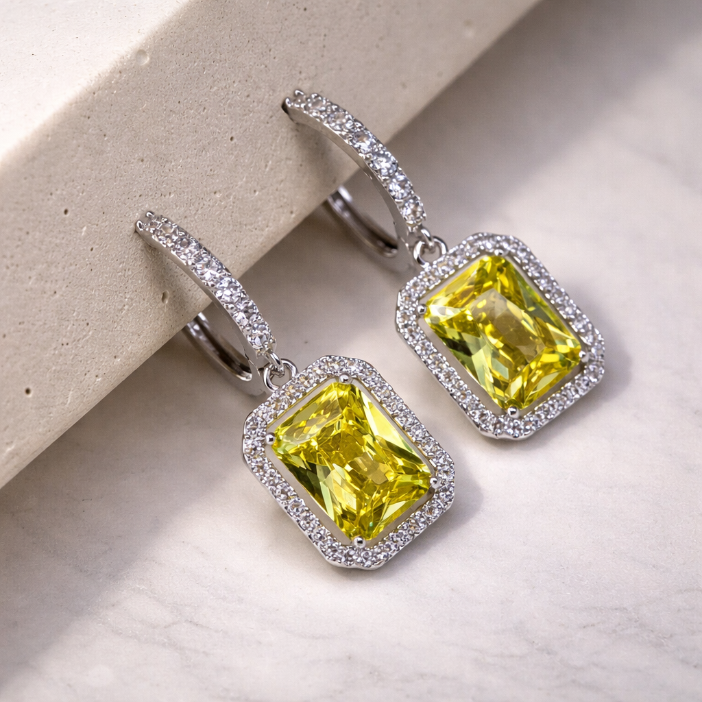 White Gold Plated Yellow Crystal Drop Earrings with S925 Sterling Silver Post