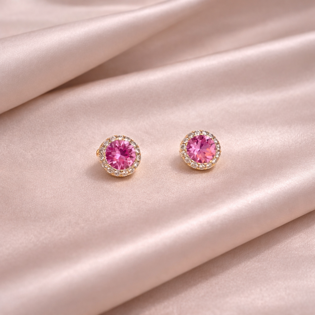 Classic Halo Crystal Stud Earrings in Gold Finish