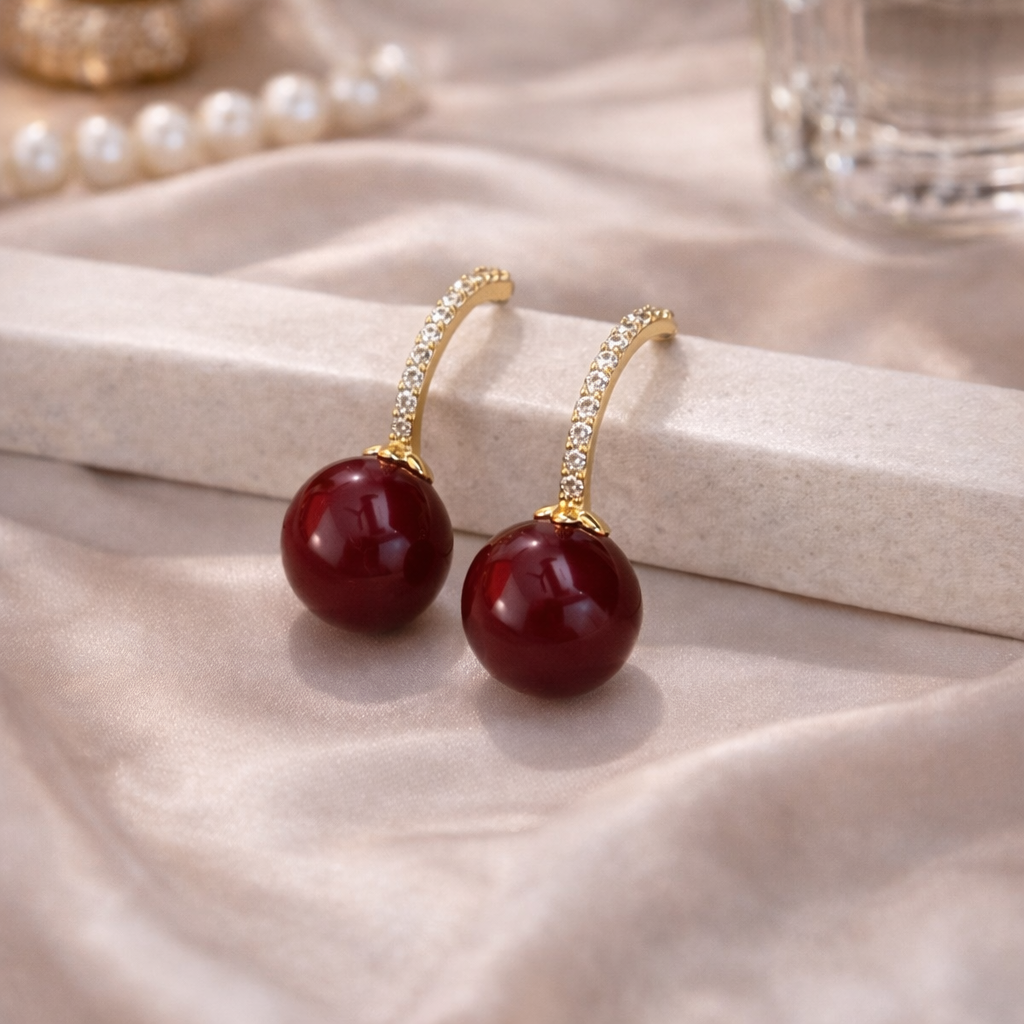Cherry Drop Earrings with Crystal Curve & S925 Silver Post