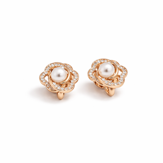 Floral Pearl Accent Stud Earrings with Crystal Halo