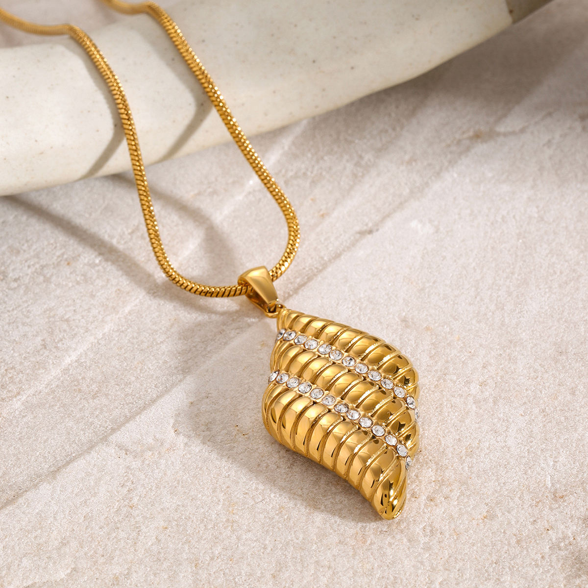 Sculpted CZ Wave Pendant Necklace – Gold Plated